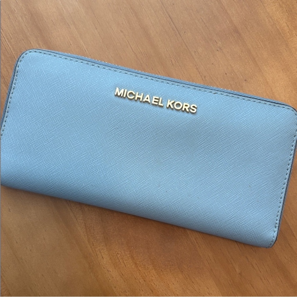 Michael Kors Sky Blue Wallet with Gold Accents